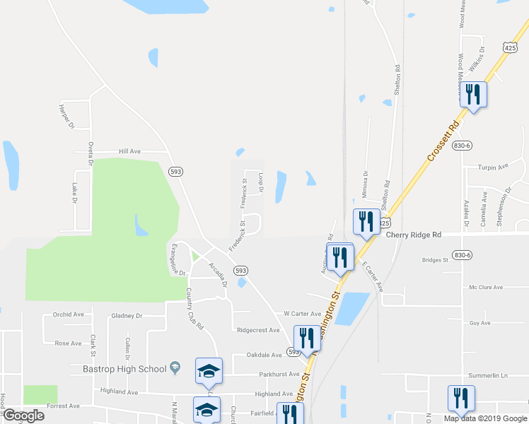 map of restaurants, bars, coffee shops, grocery stores, and more near 116 Rosemary Drive in Bastrop