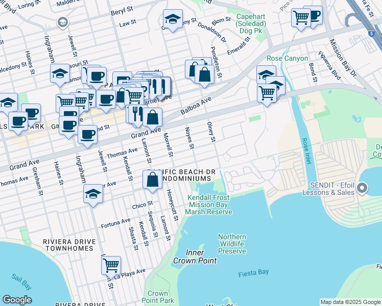 map of restaurants, bars, coffee shops, grocery stores, and more near 2057 Reed Avenue in San Diego