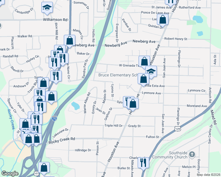 map of restaurants, bars, coffee shops, grocery stores, and more near 3846 Lyons Street in Macon