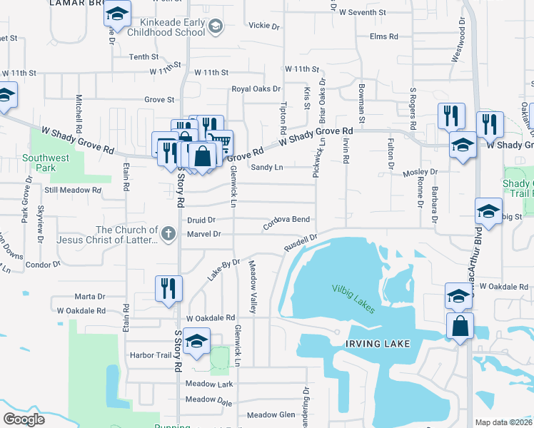 map of restaurants, bars, coffee shops, grocery stores, and more near 2105 Druid Drive in Irving