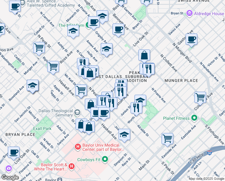 map of restaurants, bars, coffee shops, grocery stores, and more near 4452 Swiss Avenue in Dallas