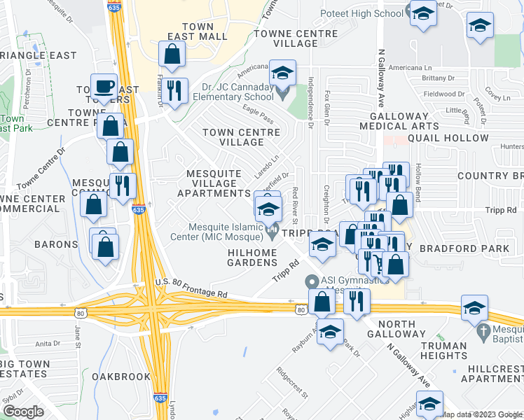 map of restaurants, bars, coffee shops, grocery stores, and more near 1553 Abilene Drive in Mesquite