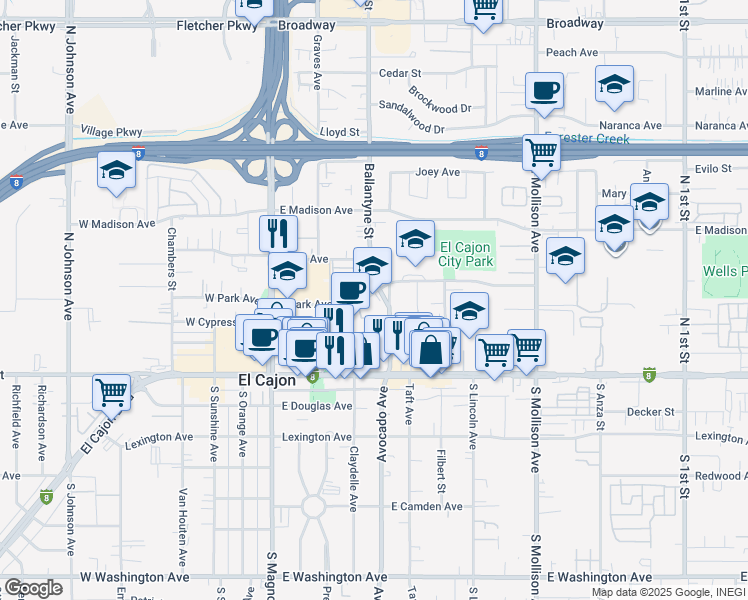 map of restaurants, bars, coffee shops, grocery stores, and more near 301 East Park Avenue in El Cajon