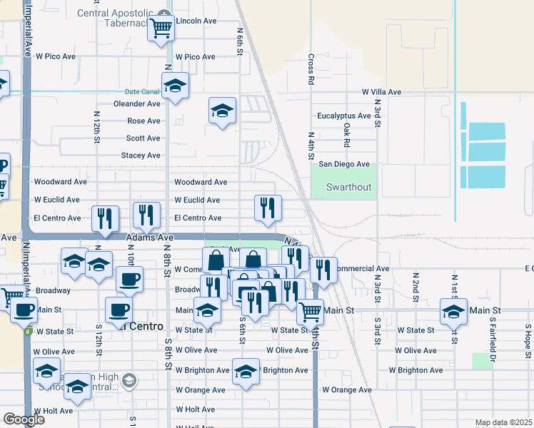 map of restaurants, bars, coffee shops, grocery stores, and more near 516 El Centro Avenue in El Centro