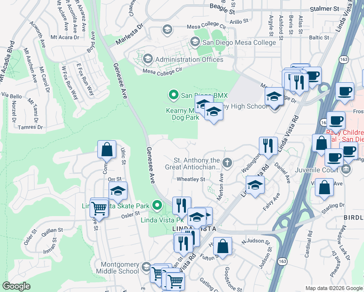map of restaurants, bars, coffee shops, grocery stores, and more near 7059 Park Mesa Way in San Diego
