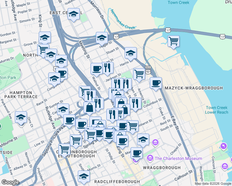 map of restaurants, bars, coffee shops, grocery stores, and more near 512 Meeting Street in Charleston