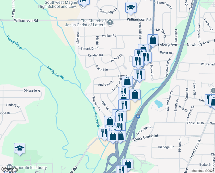 map of restaurants, bars, coffee shops, grocery stores, and more near 3846 Andrews Drive in Macon