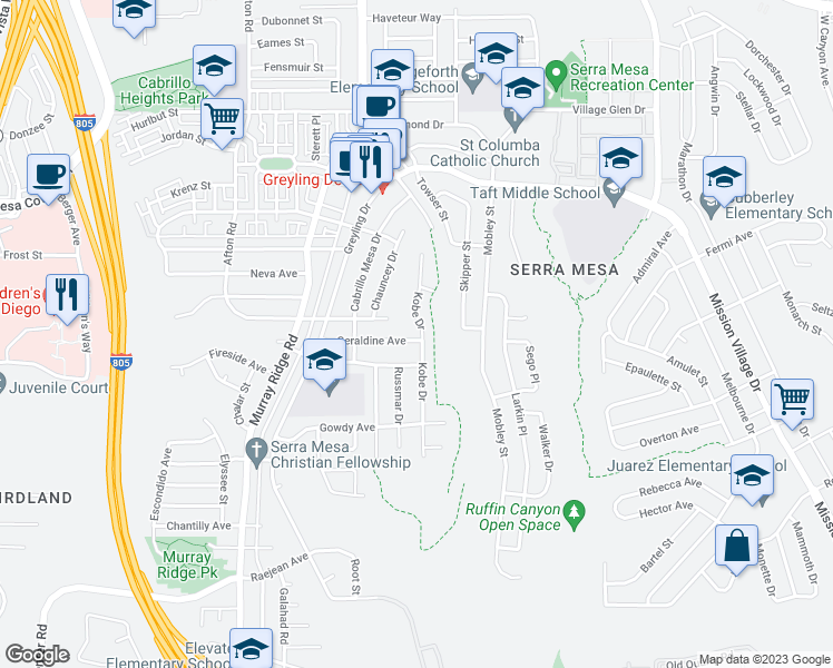 map of restaurants, bars, coffee shops, grocery stores, and more near 8980 Geraldine Avenue in San Diego