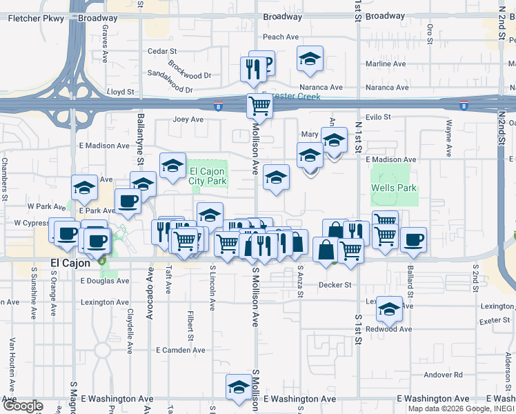 map of restaurants, bars, coffee shops, grocery stores, and more near 297 South Mollison Avenue in El Cajon
