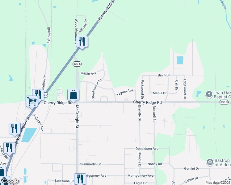 map of restaurants, bars, coffee shops, grocery stores, and more near 5898 Layton Ave in Bastrop