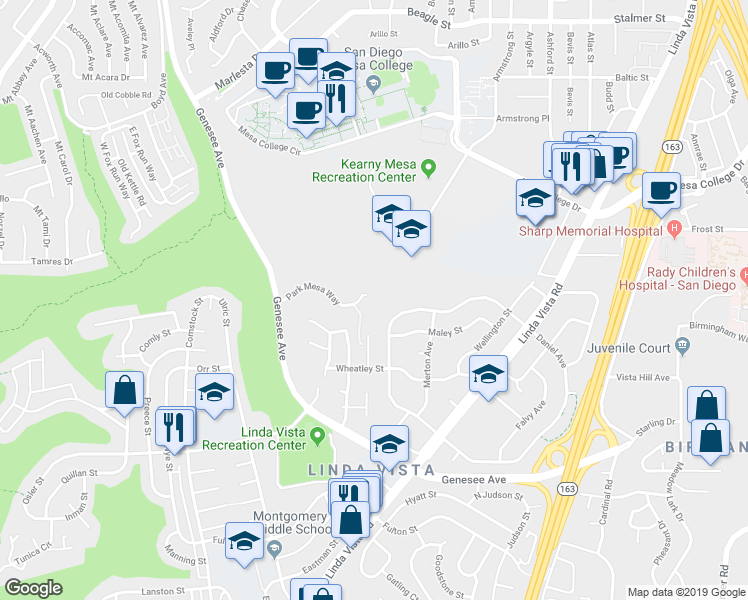map of restaurants, bars, coffee shops, grocery stores, and more near 7079 Park Mesa Way in San Diego