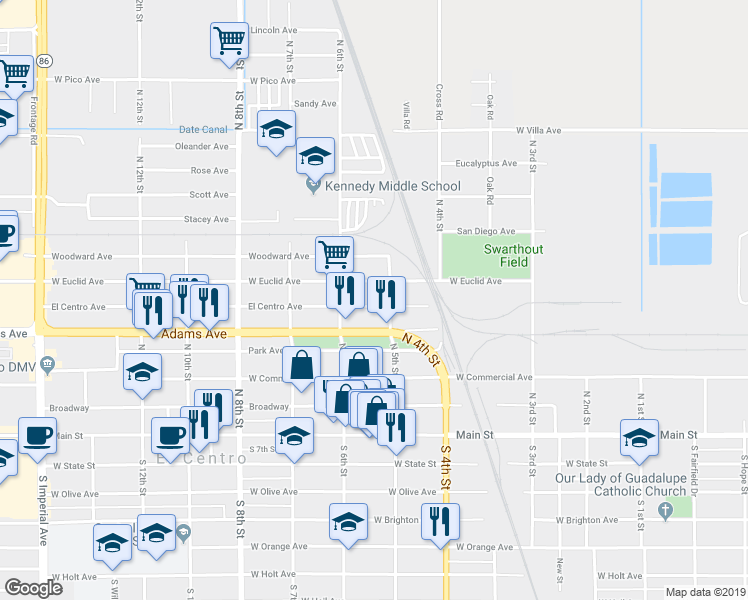 map of restaurants, bars, coffee shops, grocery stores, and more near 516 El Centro Avenue in El Centro