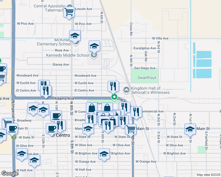 map of restaurants, bars, coffee shops, grocery stores, and more near 516 El Centro Avenue in El Centro