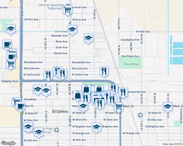 map of restaurants, bars, coffee shops, grocery stores, and more near 590 El Centro Avenue in El Centro