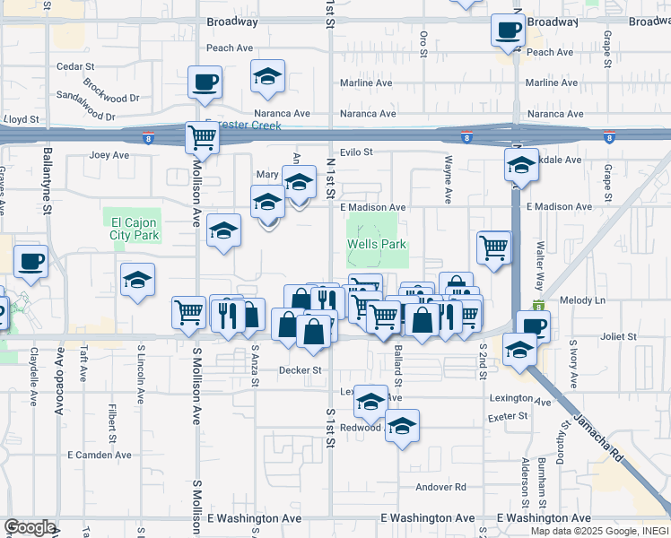 map of restaurants, bars, coffee shops, grocery stores, and more near 277 North 1st Street in El Cajon