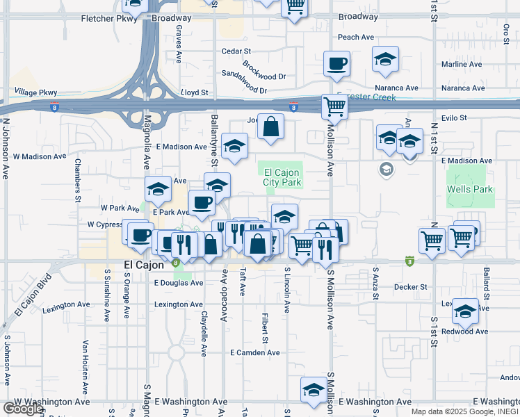 map of restaurants, bars, coffee shops, grocery stores, and more near 296 Roanoke Road in El Cajon