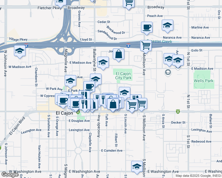 map of restaurants, bars, coffee shops, grocery stores, and more near 311 Ballantyne Street in El Cajon