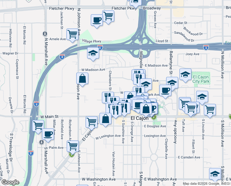 map of restaurants, bars, coffee shops, grocery stores, and more near 337 West Park Avenue in El Cajon