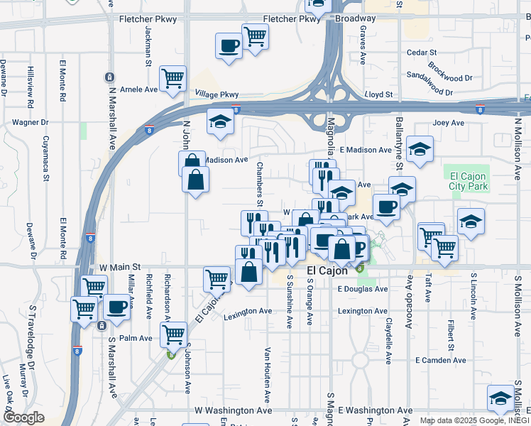 map of restaurants, bars, coffee shops, grocery stores, and more near 294 Chambers Street in El Cajon