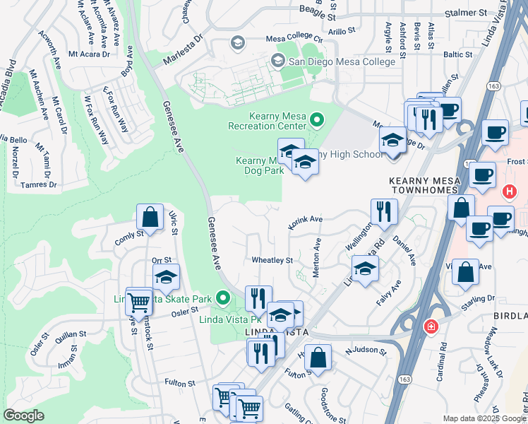 map of restaurants, bars, coffee shops, grocery stores, and more near 7059 Park Mesa Way in San Diego