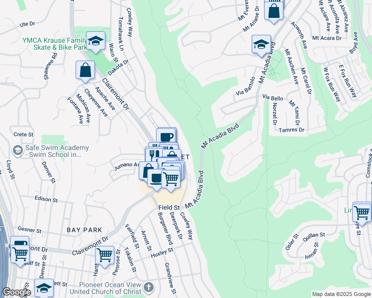 map of restaurants, bars, coffee shops, grocery stores, and more near 3065 Cowley Way in San Diego