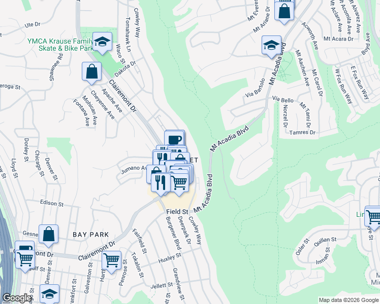 map of restaurants, bars, coffee shops, grocery stores, and more near in San Diego