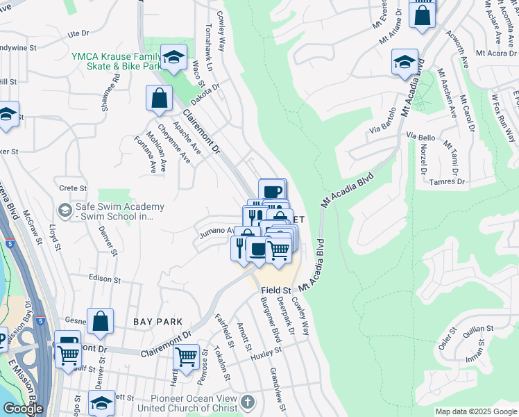 map of restaurants, bars, coffee shops, grocery stores, and more near 4942 Iroquois Avenue in San Diego