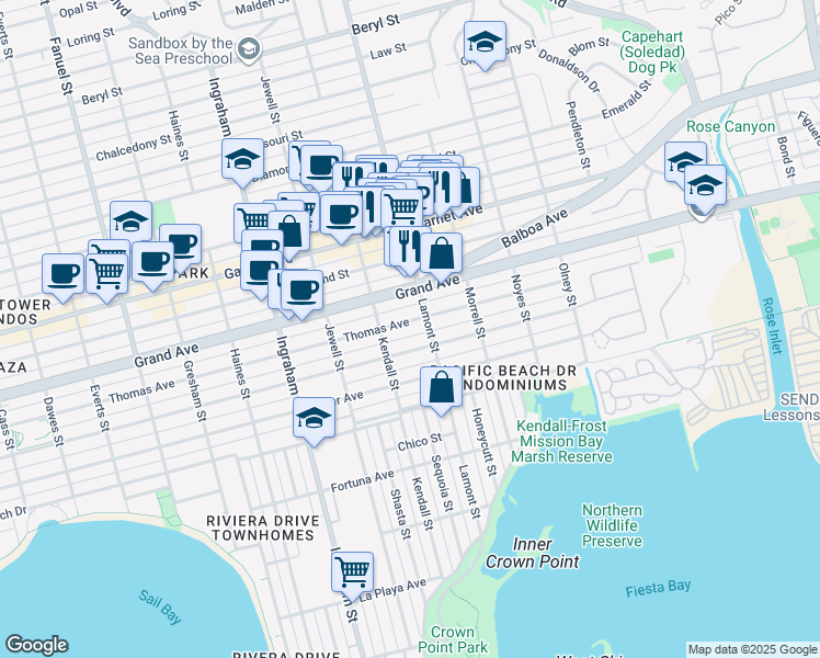 map of restaurants, bars, coffee shops, grocery stores, and more near 1831 Thomas Avenue in San Diego