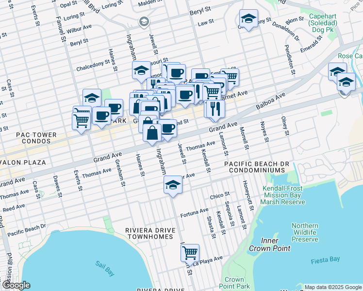 map of restaurants, bars, coffee shops, grocery stores, and more near 1668 Thomas Avenue in San Diego