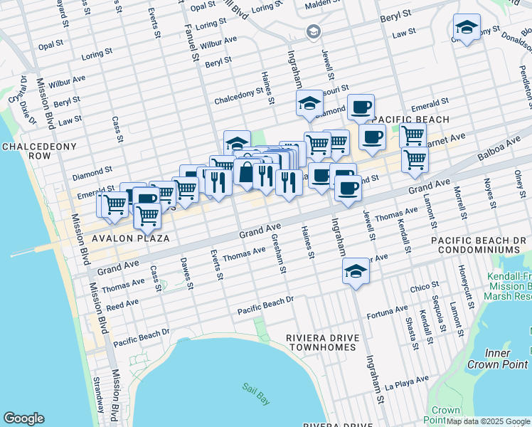 map of restaurants, bars, coffee shops, grocery stores, and more near 1364 Grand Avenue in San Diego