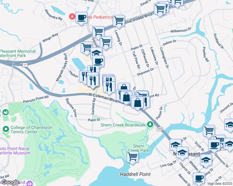 map of restaurants, bars, coffee shops, grocery stores, and more near 1043 Provincial Circle in Mount Pleasant