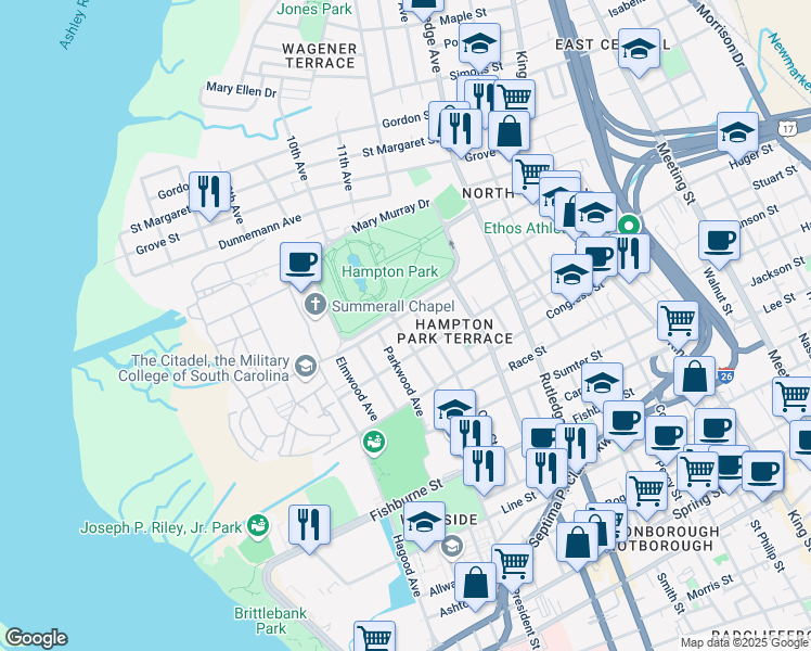 map of restaurants, bars, coffee shops, grocery stores, and more near 145 Moultrie Street in Charleston