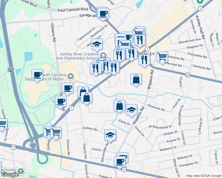 map of restaurants, bars, coffee shops, grocery stores, and more near 1084 Jenkins Road in Charleston