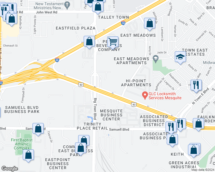 map of restaurants, bars, coffee shops, grocery stores, and more near 4405 U.S. 80 in Mesquite