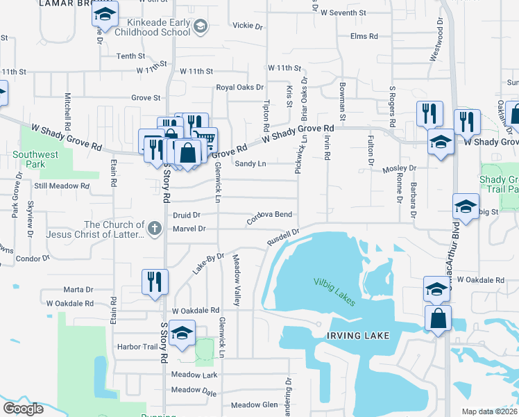 map of restaurants, bars, coffee shops, grocery stores, and more near 2105 Druid Drive in Irving