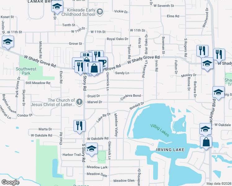 map of restaurants, bars, coffee shops, grocery stores, and more near 2105 Druid Drive in Irving