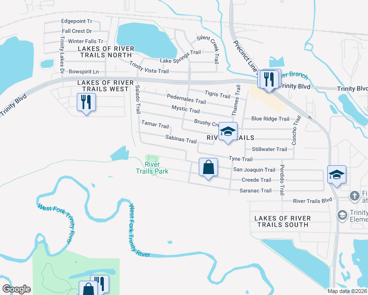 map of restaurants, bars, coffee shops, grocery stores, and more near 2725 Salado Trail in Fort Worth