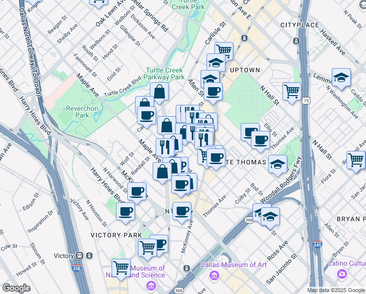 map of restaurants, bars, coffee shops, grocery stores, and more near 2727 Routh Street in Dallas