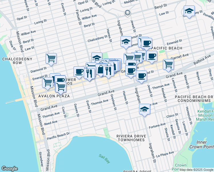 map of restaurants, bars, coffee shops, grocery stores, and more near 1367 Hornblend Street in San Diego