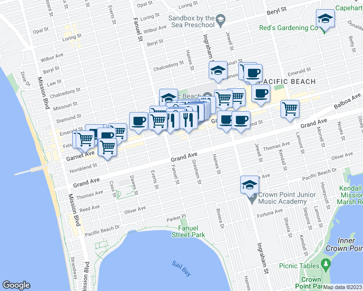 map of restaurants, bars, coffee shops, grocery stores, and more near 1349 Hornblend Street in San Diego