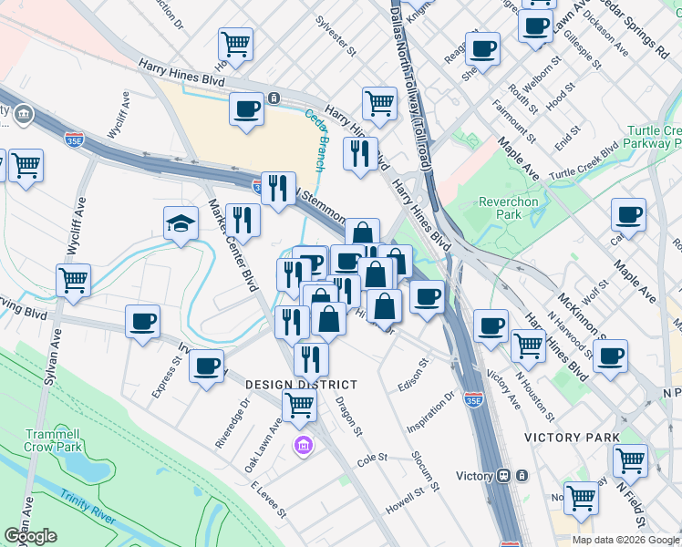 map of restaurants, bars, coffee shops, grocery stores, and more near 1900 Hi Line Drive in Dallas