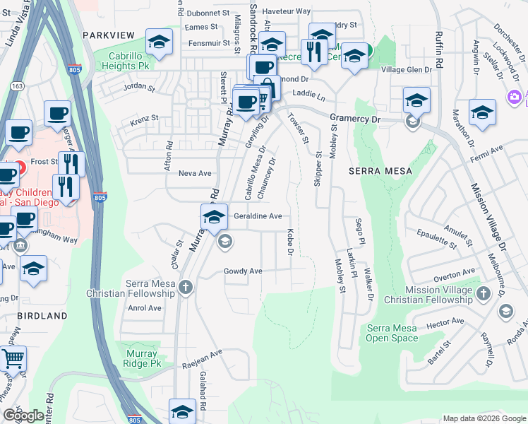 map of restaurants, bars, coffee shops, grocery stores, and more near 8928 Geraldine Avenue in San Diego