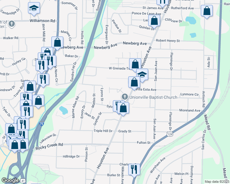map of restaurants, bars, coffee shops, grocery stores, and more near 3775 Houston Avenue in Macon