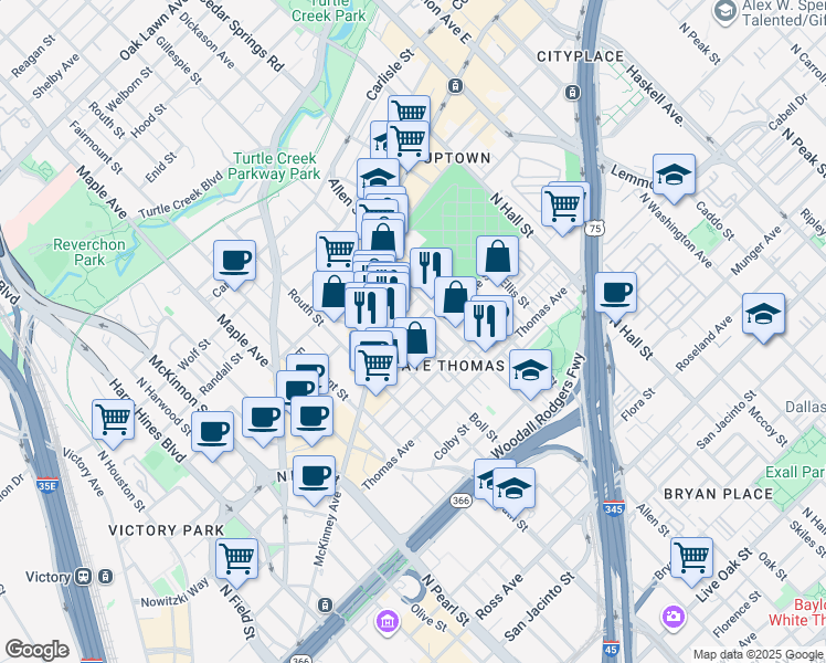 map of restaurants, bars, coffee shops, grocery stores, and more near 2828 Woodside Street in Dallas