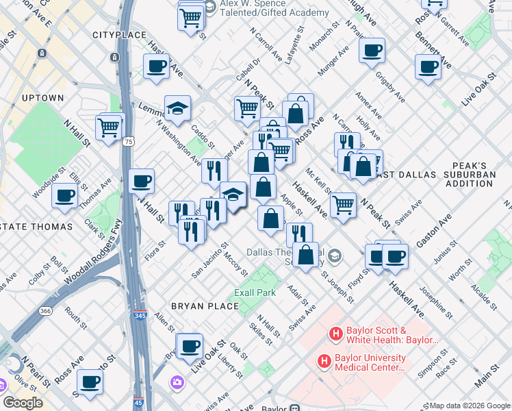 map of restaurants, bars, coffee shops, grocery stores, and more near 3816 San Jacinto Street in Dallas