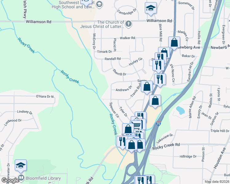 map of restaurants, bars, coffee shops, grocery stores, and more near 3886 Andrews Drive in Macon
