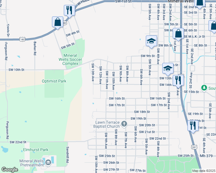 map of restaurants, bars, coffee shops, grocery stores, and more near 1506 Southwest 11th Avenue in Mineral Wells