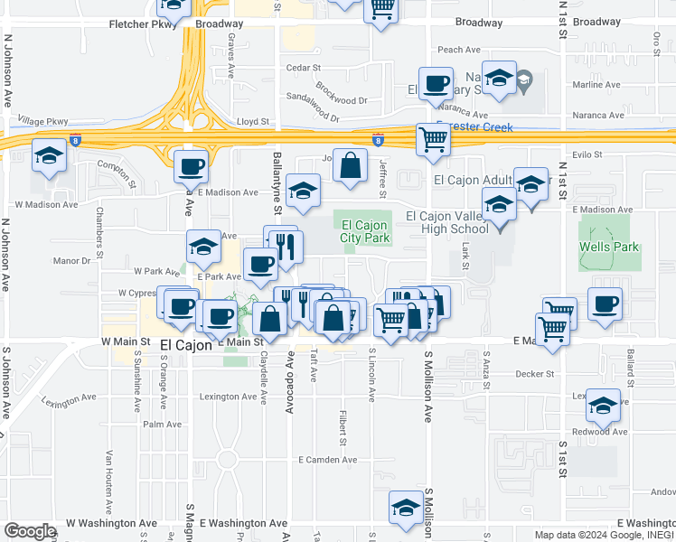 map of restaurants, bars, coffee shops, grocery stores, and more near 300 Roanoke Road in El Cajon