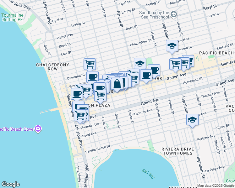 map of restaurants, bars, coffee shops, grocery stores, and more near 1135 Garnet Avenue in San Diego