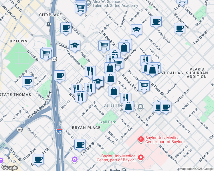 map of restaurants, bars, coffee shops, grocery stores, and more near 3816 San Jacinto Street in Dallas